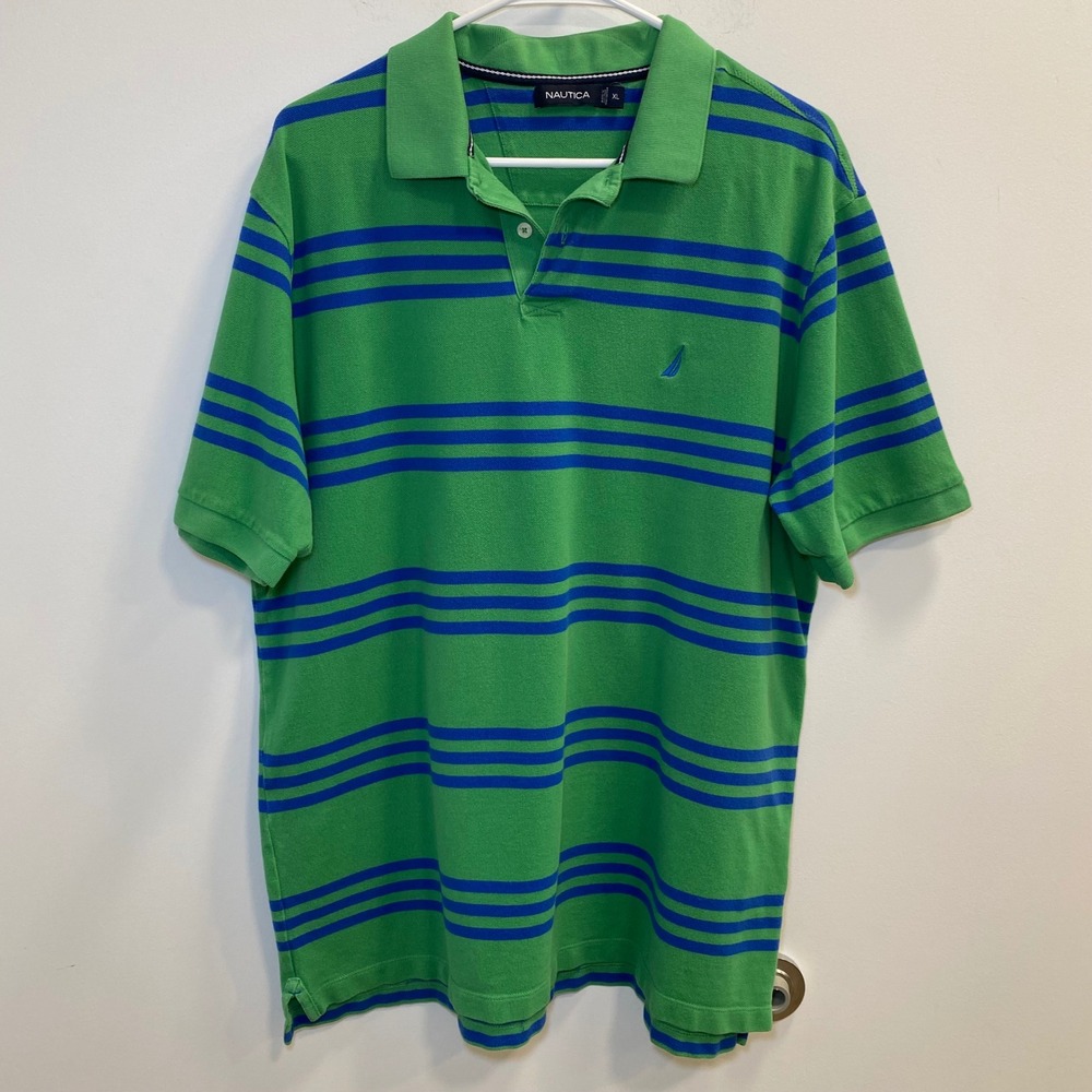 Nautica Mens Polo Shirt XL Green Blue Striped Preppy Nautical Coastal Golf Rugby